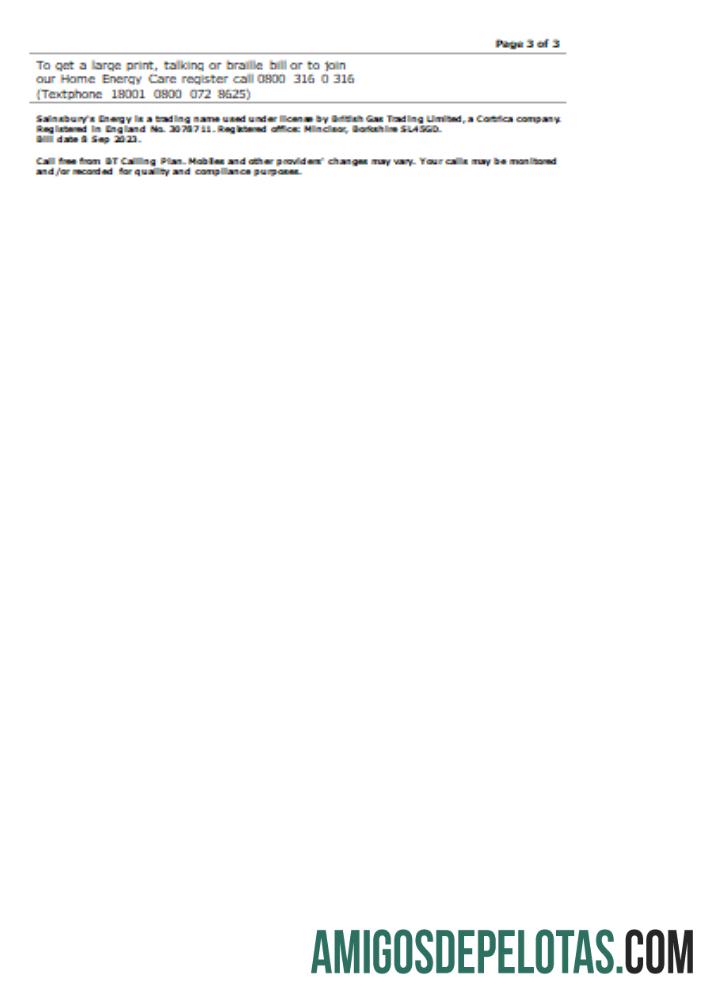 Projeto de lei de serviços públicos da Sainsbury Energy (British Gas), página 3. SCR amostra